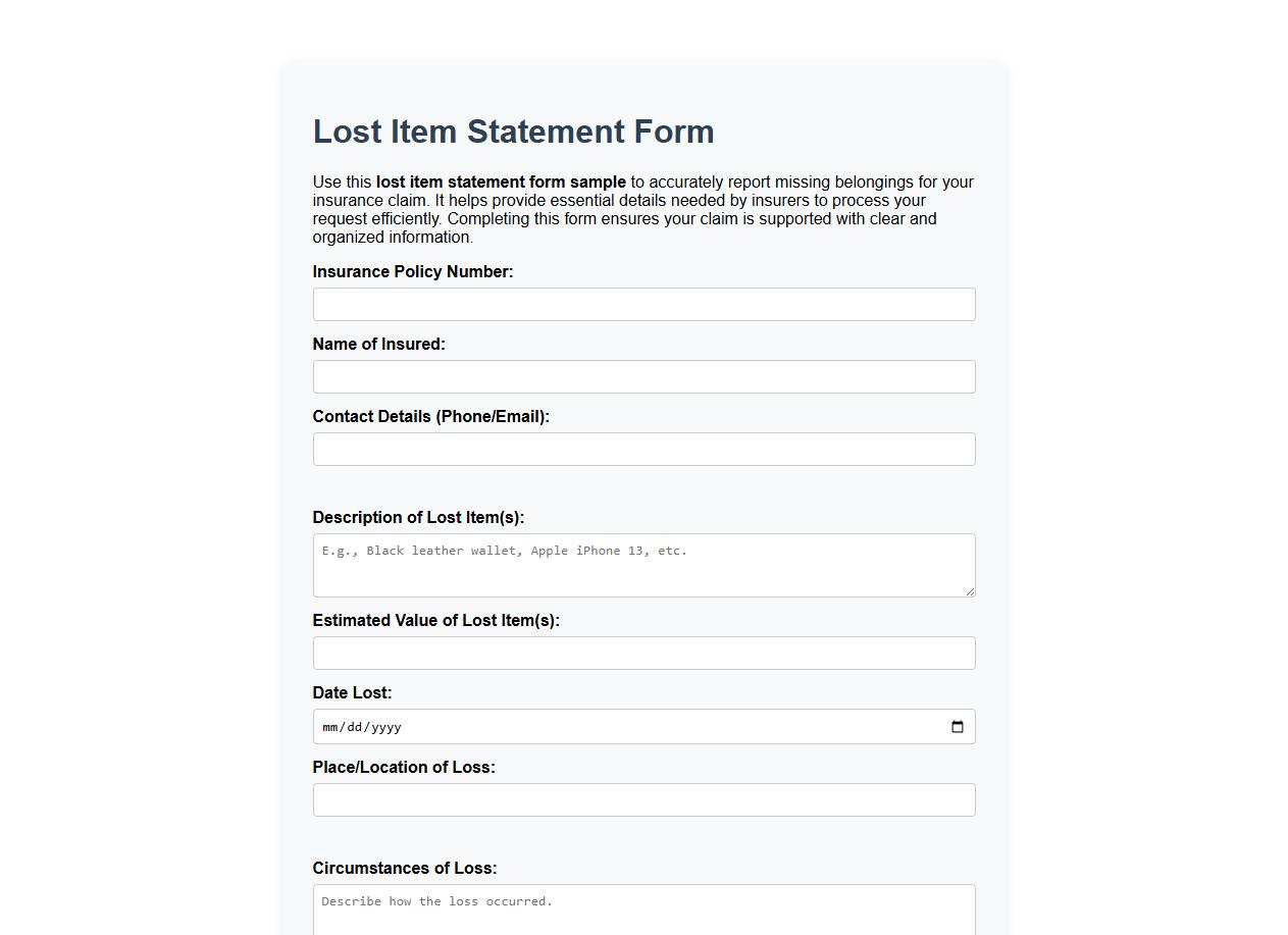 lost item statement form sample for insurance claim image preview