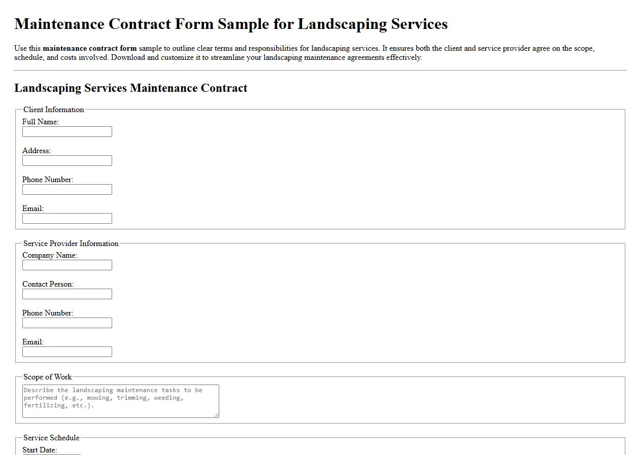 Maintenance contract form sample for landscaping services image preview