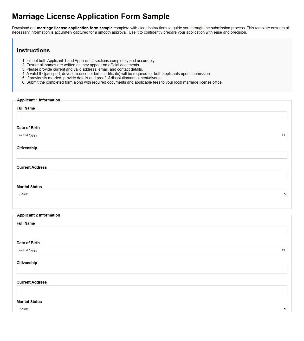 Marriage license application form sample with instructions image preview