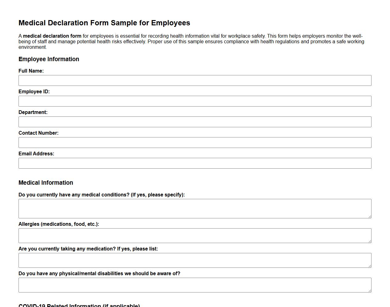Medical declaration form sample for employees image preview
