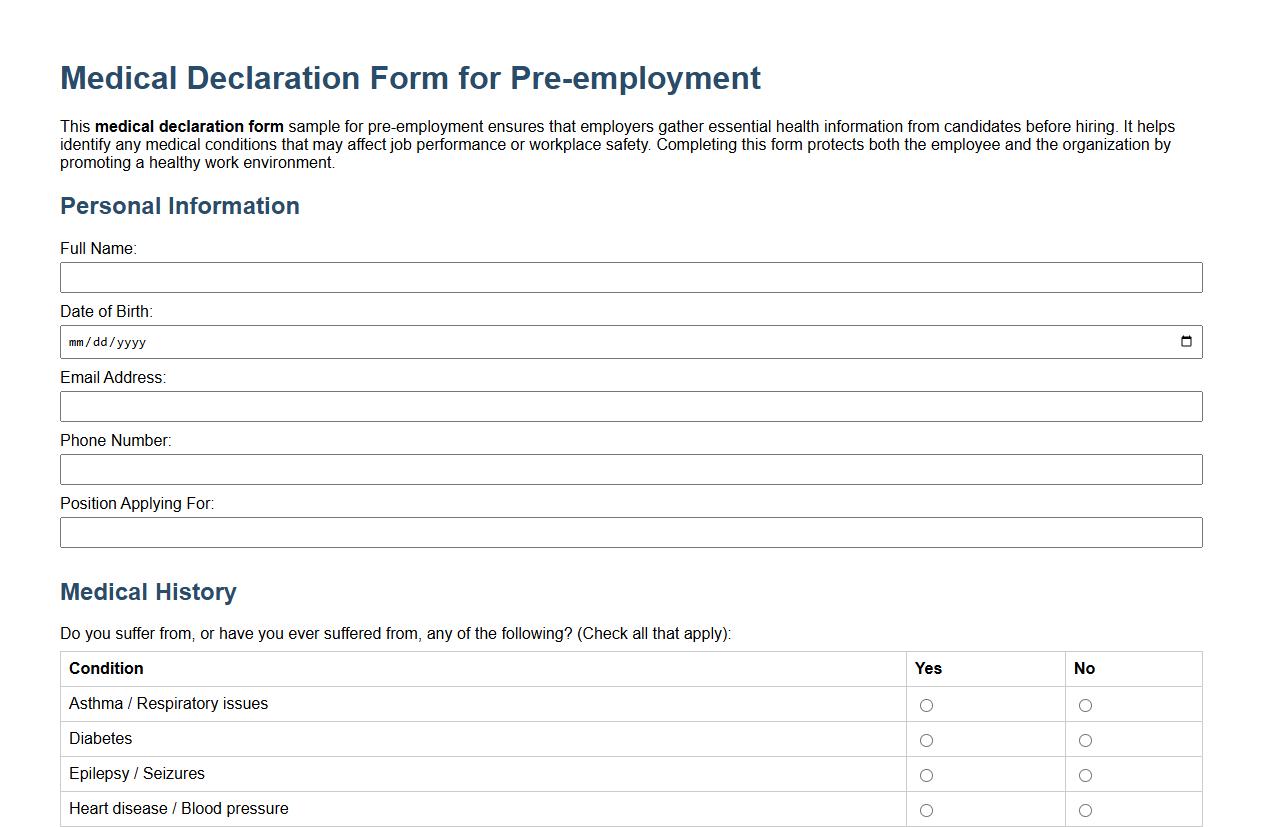 Medical declaration form sample for pre-employment image preview