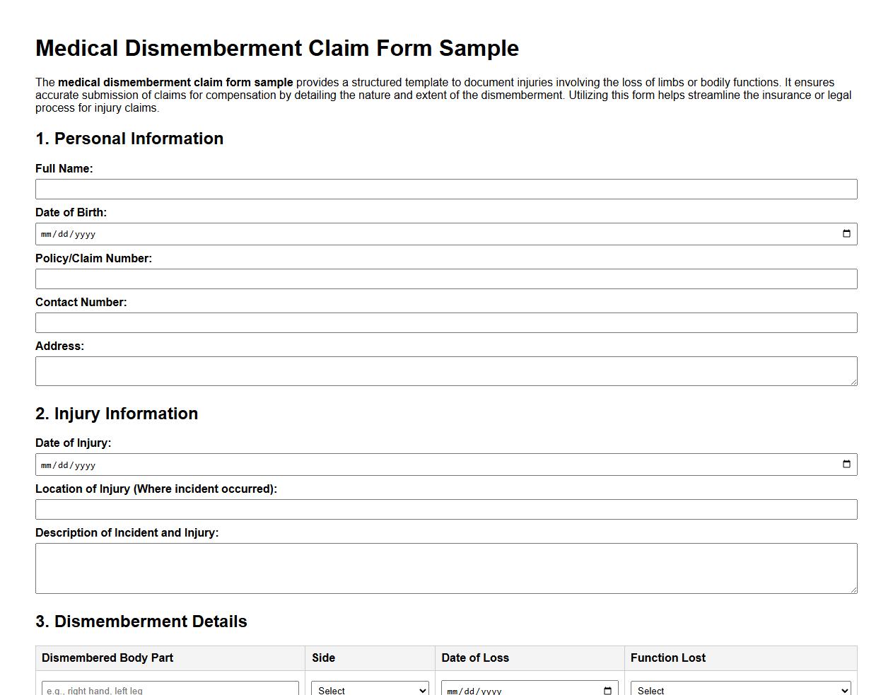 medical dismemberment claim form sample image preview