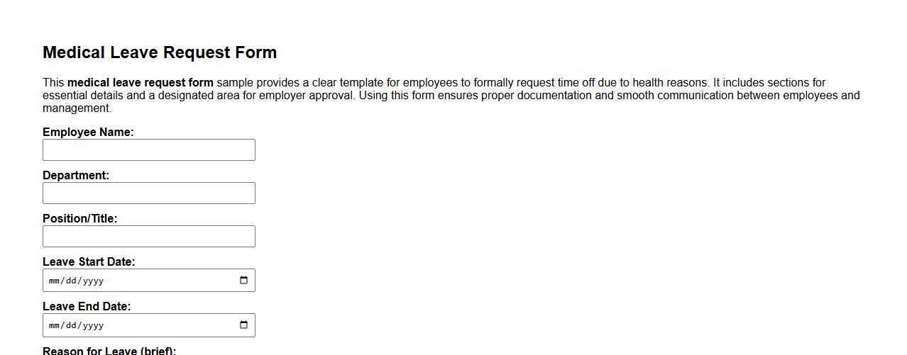 Medical leave request form sample with employer approval image preview