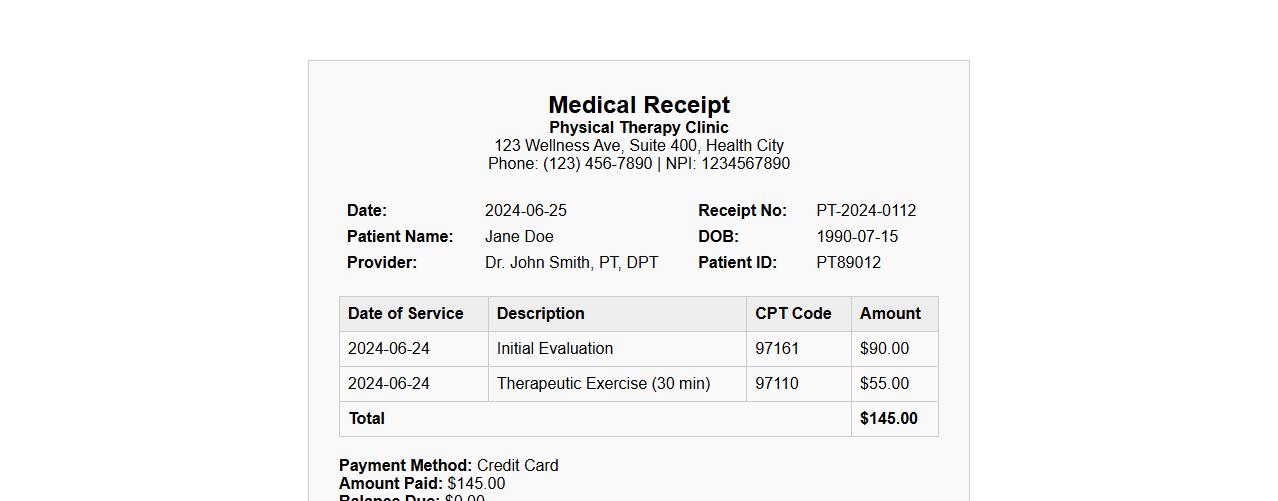 Medical receipt sample for physical therapy image preview