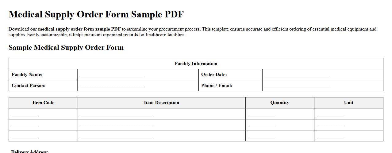 Medical supply order form sample PDF image preview