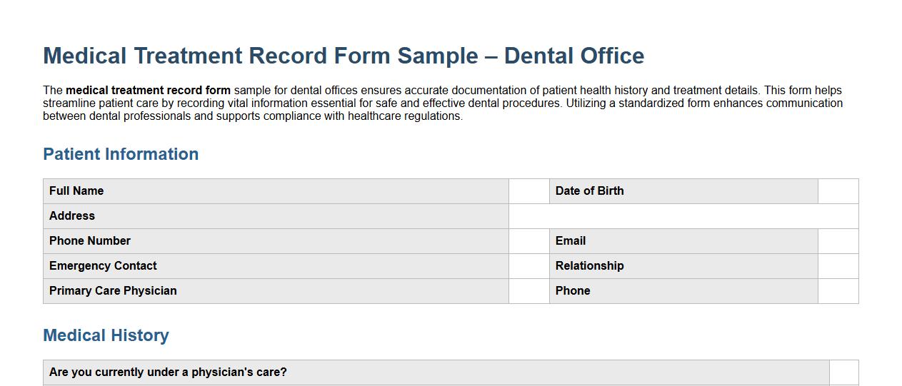 Medical treatment record form sample for dental offices image preview