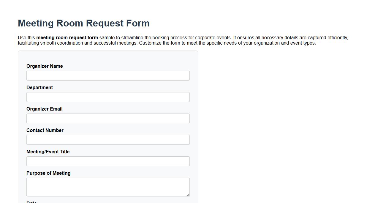 Meeting room request form sample for corporate events image preview
