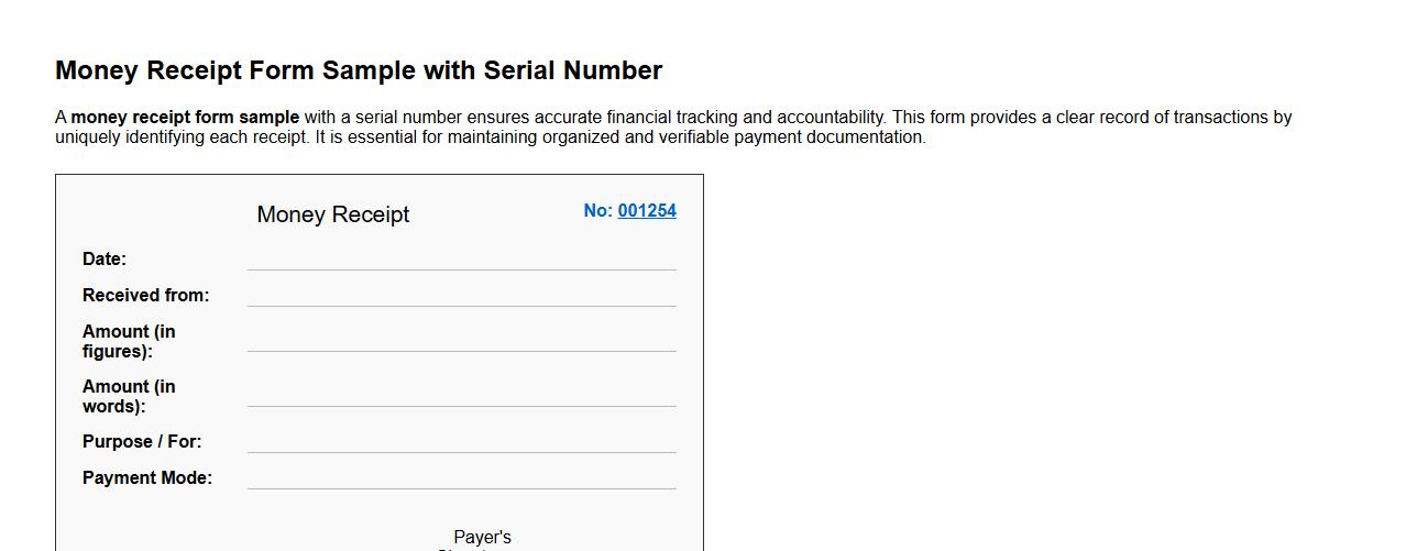 Money receipt form sample with serial number image preview