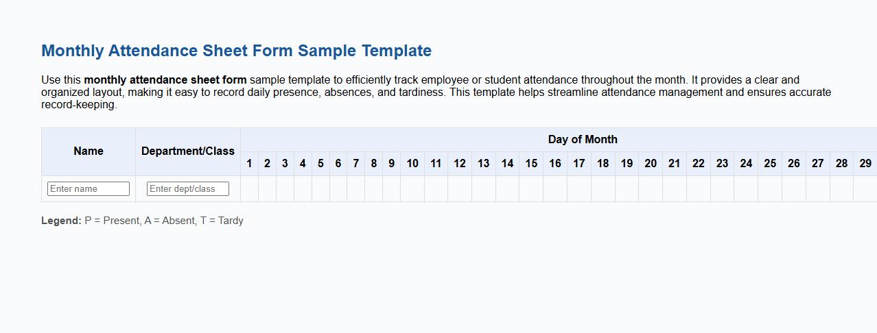 Monthly attendance sheet form sample template image preview