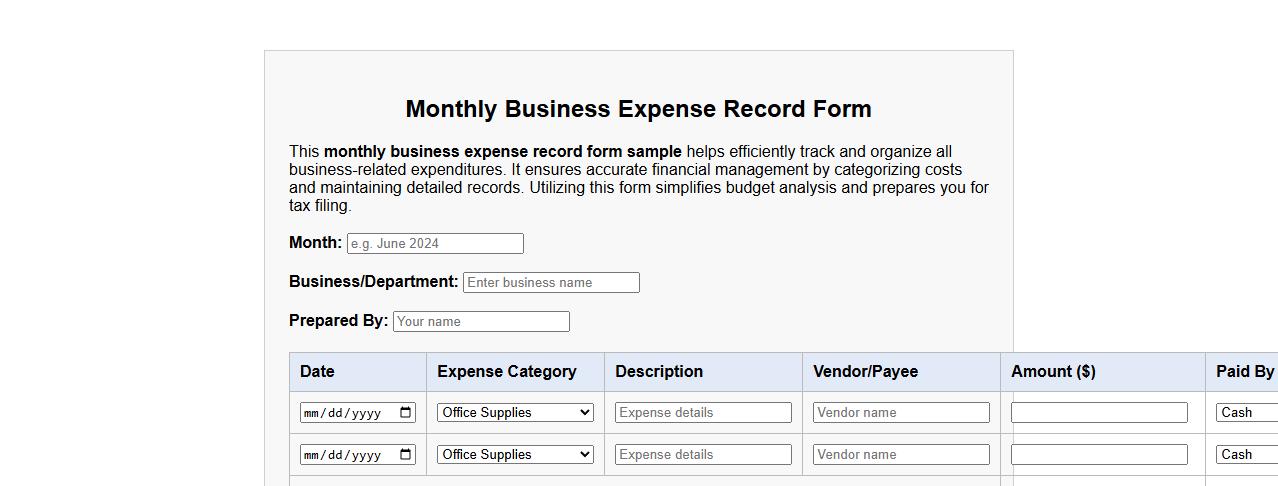 Monthly business expense record form sample image preview