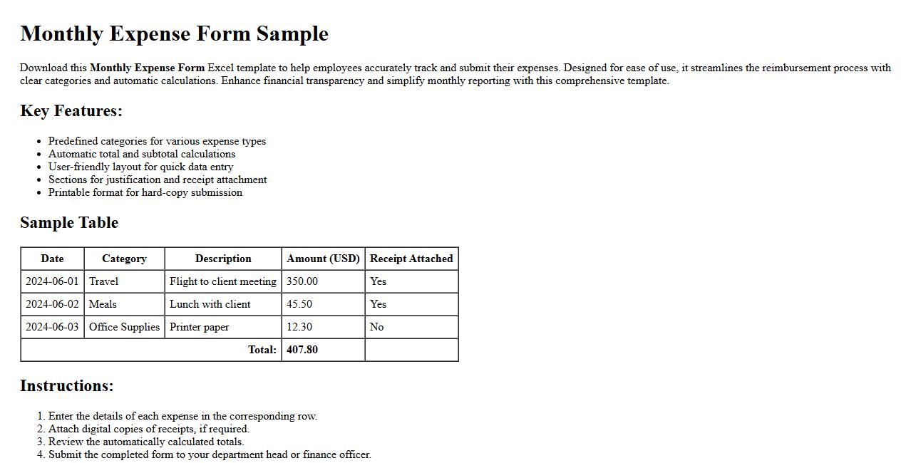 Monthly expense form sample Excel template for employees image preview