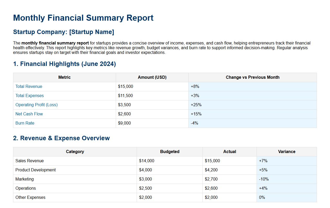 monthly financial summary report for startups image preview