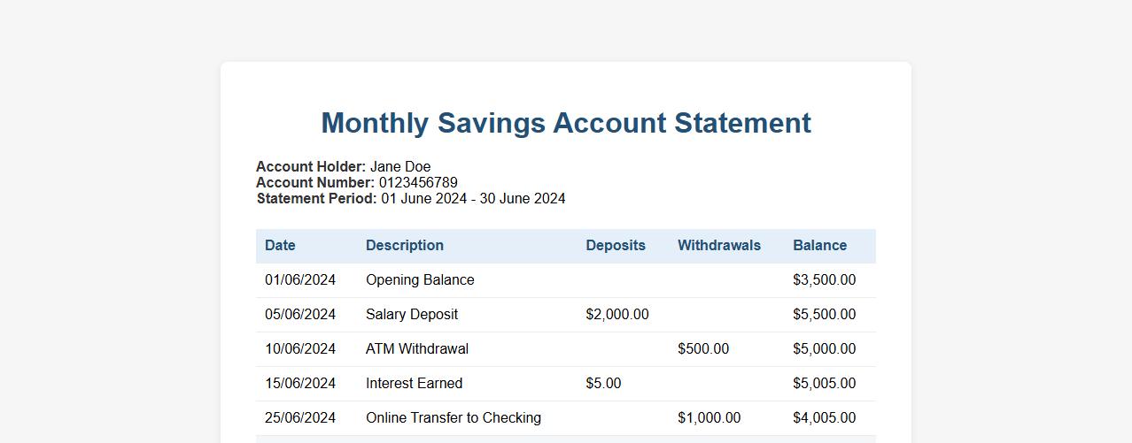 Monthly savings account statement form sample image preview