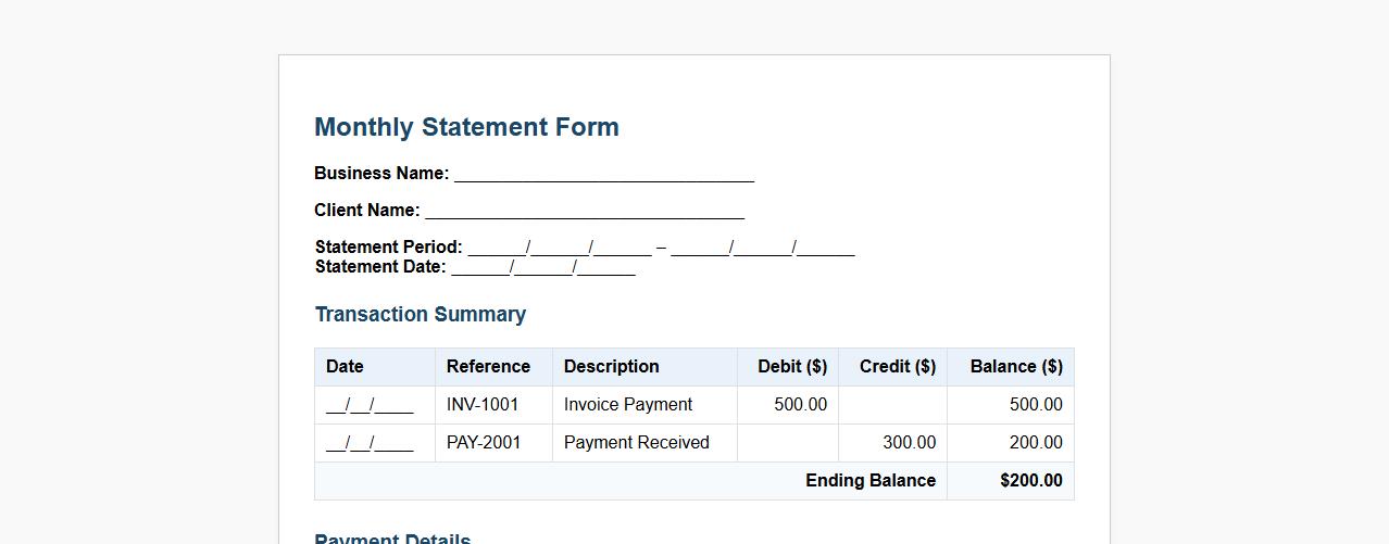 Monthly statement form sample for small businesses image preview