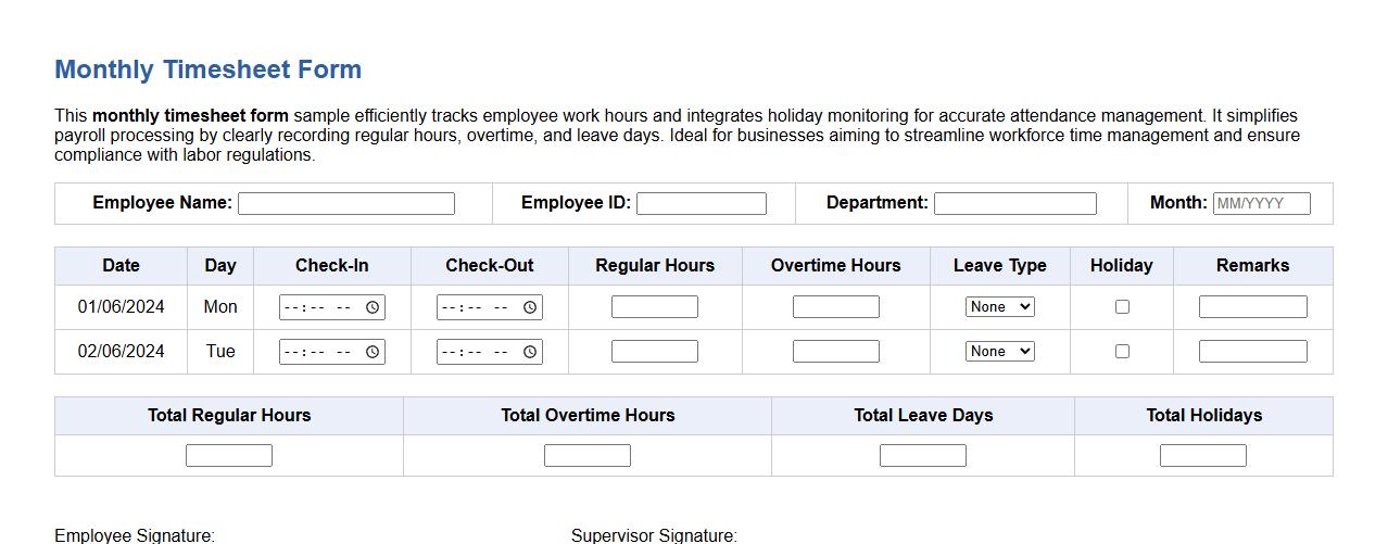 Monthly timesheet form sample including holiday tracking image preview