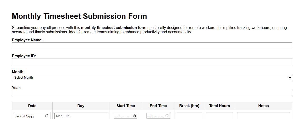 Monthly timesheet submission form sample for remote workers image preview