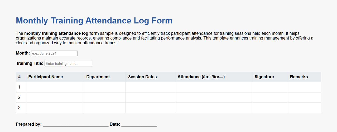 monthly training attendance log form sample image preview