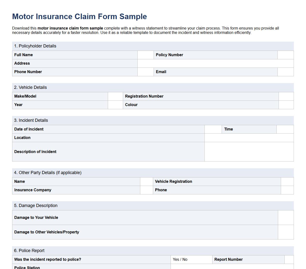 Motor insurance claim form sample with witness statement image preview