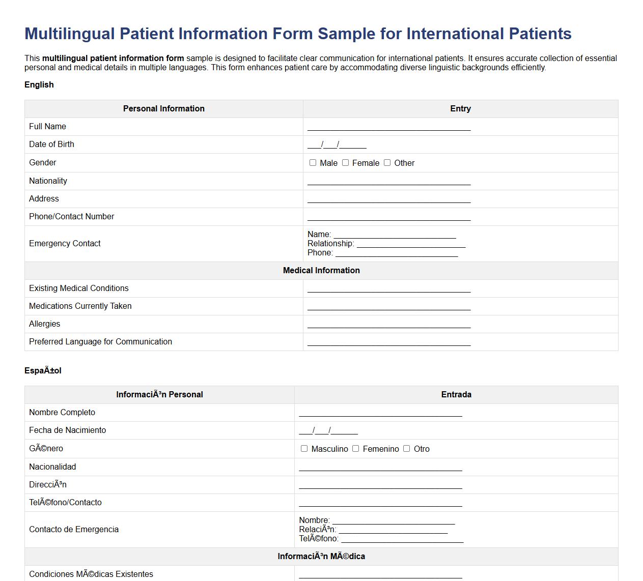 Multilingual patient information form sample for international patients image preview