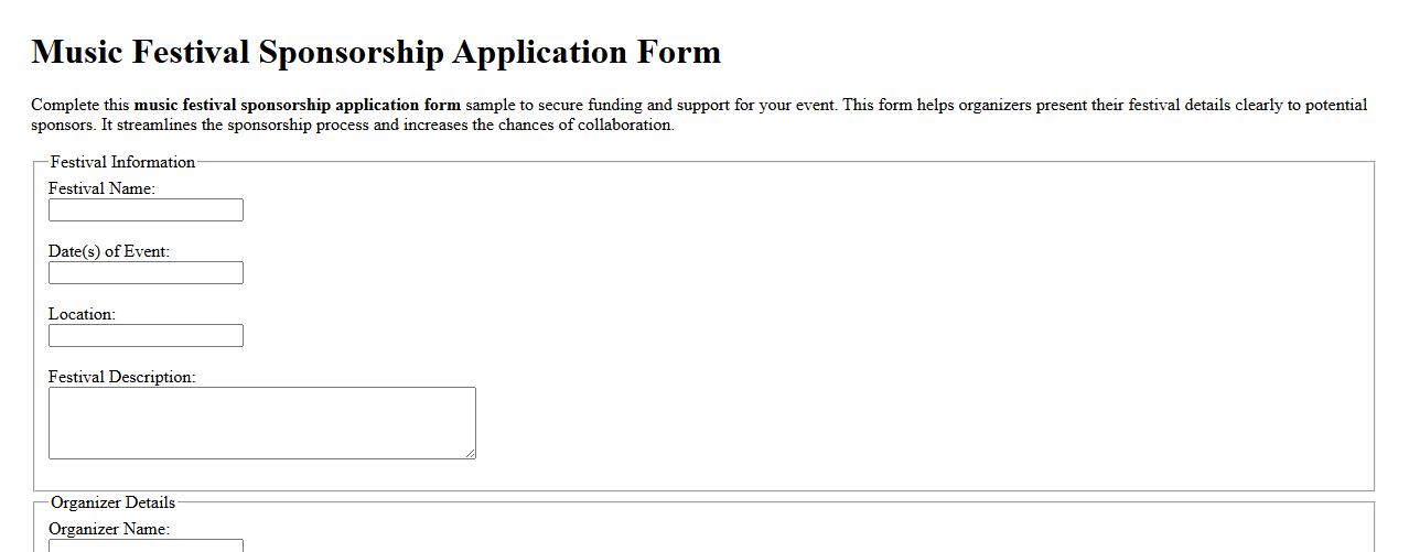 Music festival sponsorship application form sample image preview