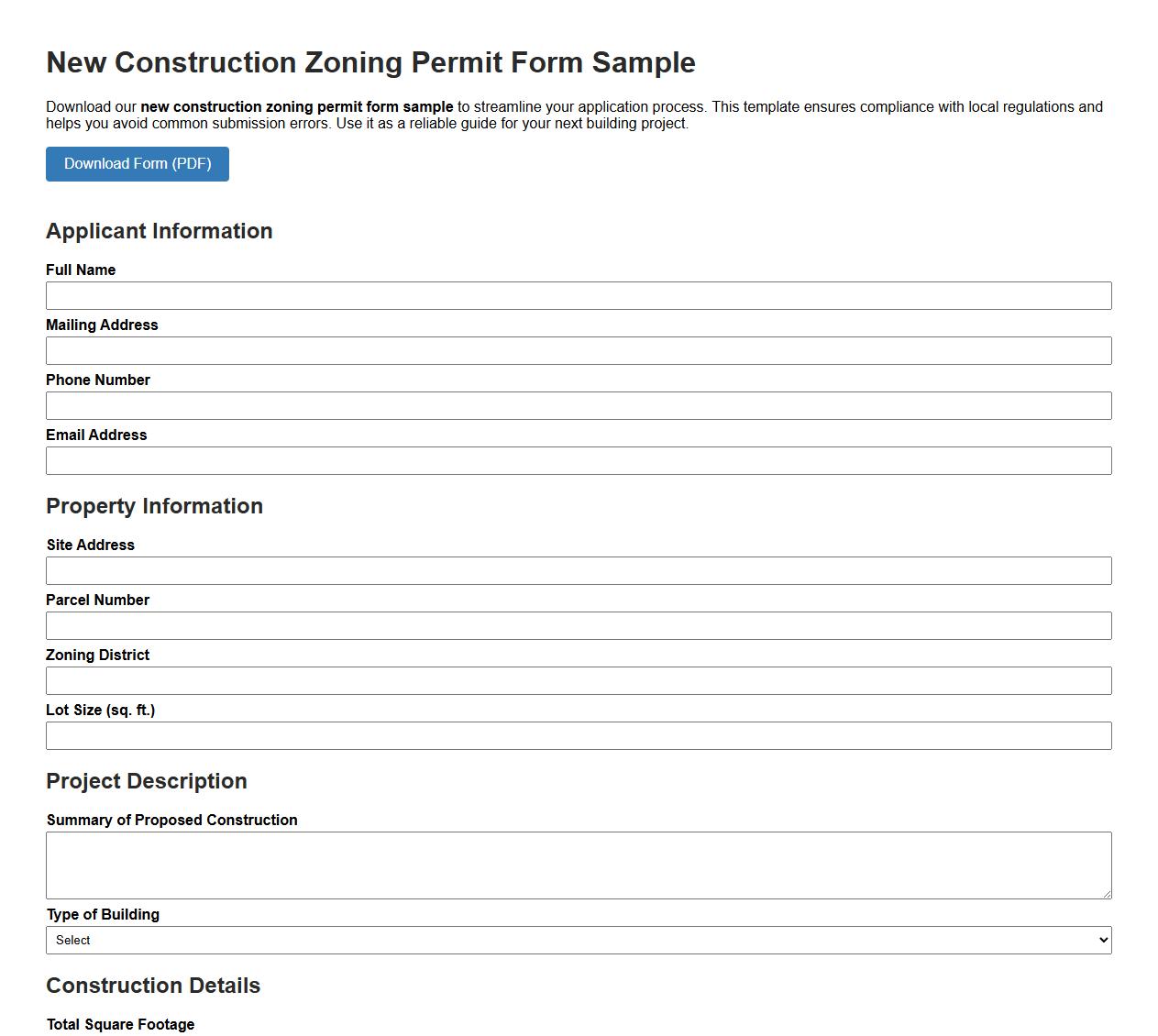 new construction zoning permit form sample image preview