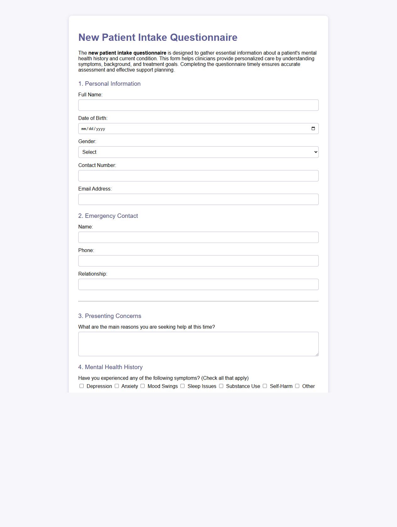 New patient intake questionnaire for mental health image preview