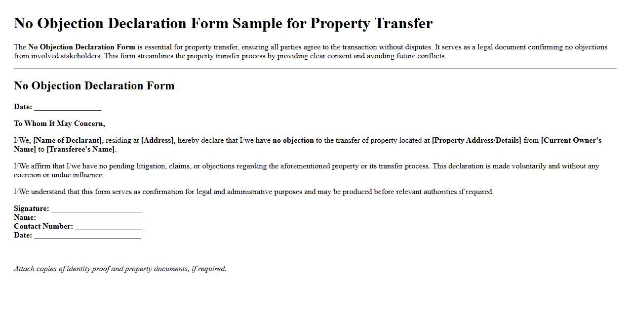No Objection Declaration Form Sample for Property Transfer image preview