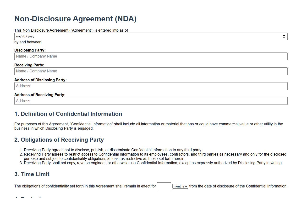 non-disclosure agreement (NDA) contract form template with time limit image preview