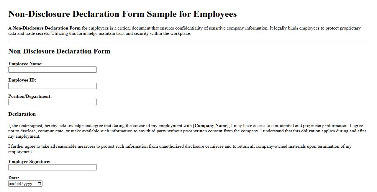 Non-Disclosure Declaration Form Sample for Employees image preview