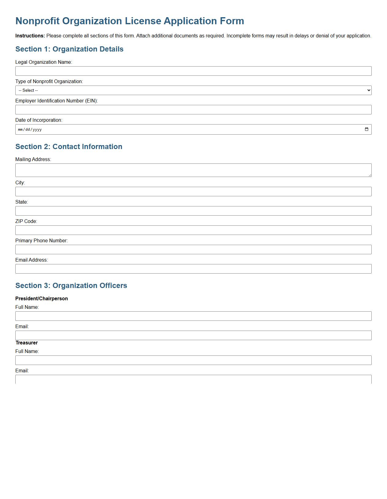 Nonprofit organization license application form sample image preview