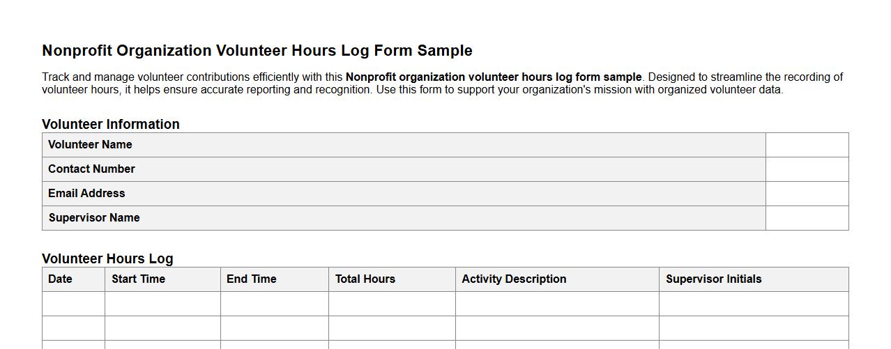 Nonprofit organization volunteer hours log form sample image preview