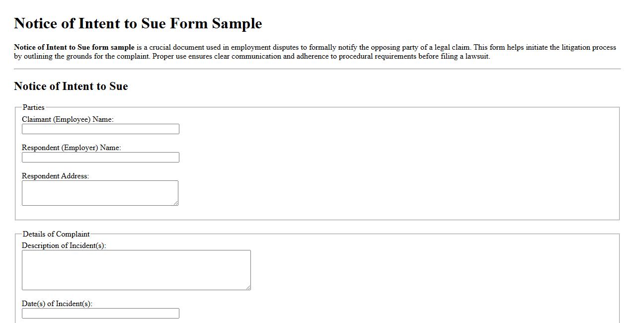 Notice of Intent to Sue form sample for employment disputes image preview