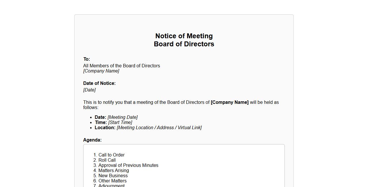 notice of meeting form sample for board of directors image preview