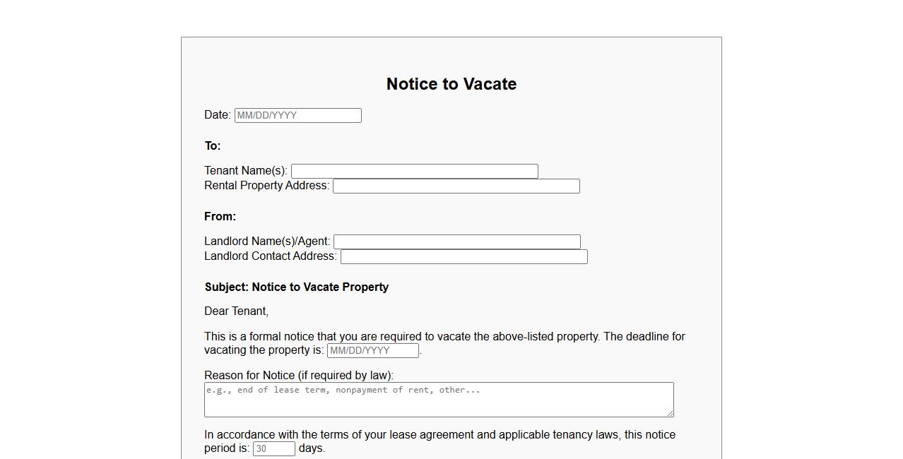 Notice to vacate form sample for landlord to tenant image preview