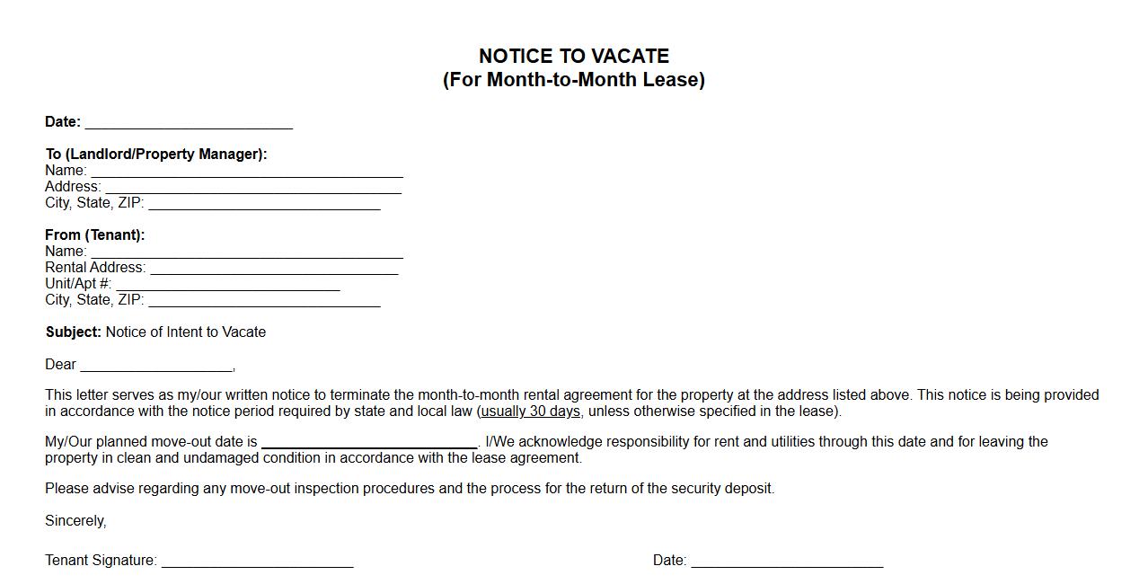 Notice to vacate form sample for month-to-month lease image preview