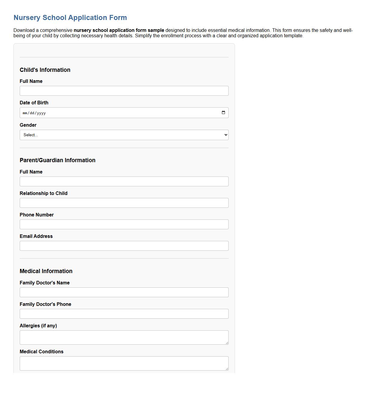 Nursery school application form sample with medical information image preview