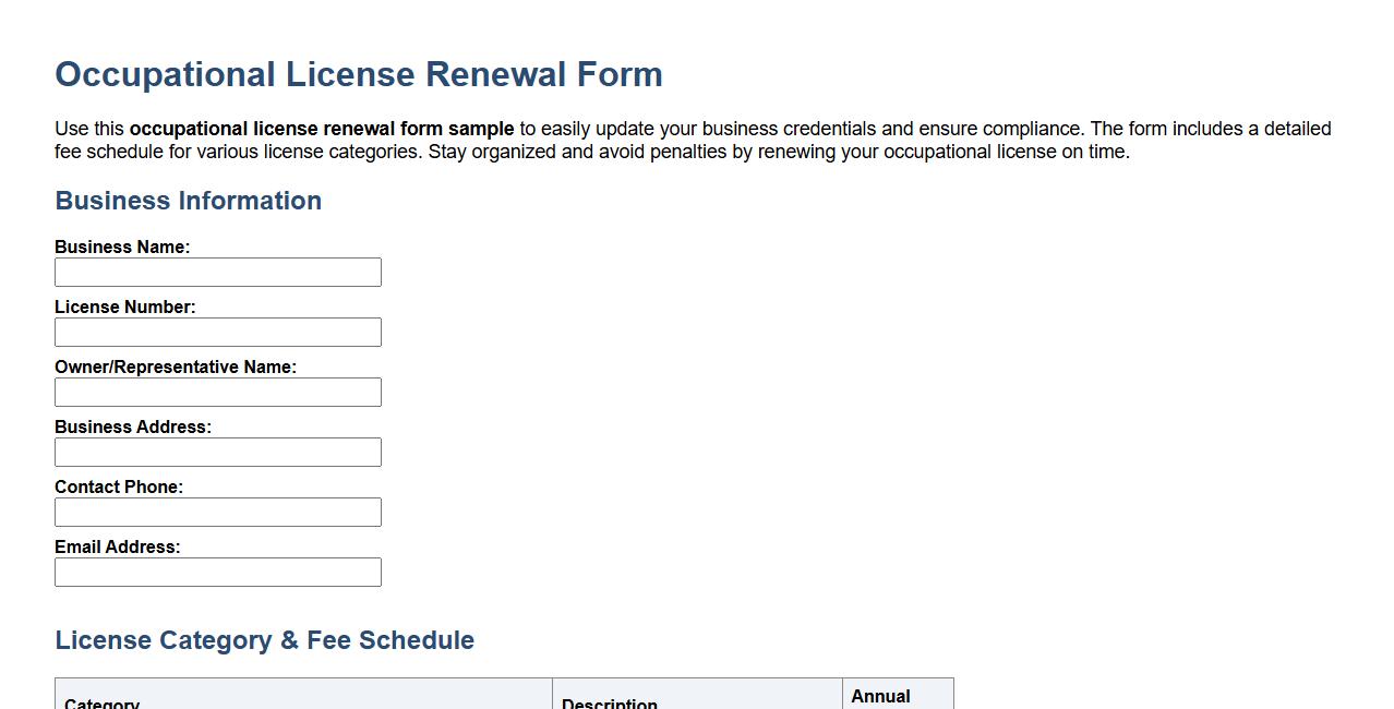 Occupational license renewal form sample with fee schedule image preview
