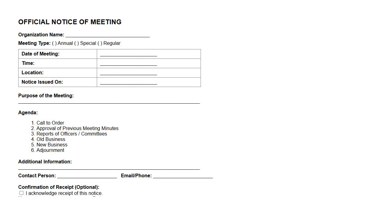 official notice of meeting form sample for non-profit organization image preview