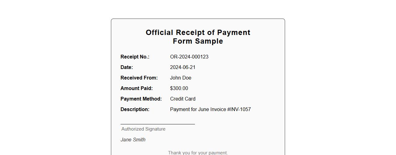 Official receipt of payment form sample with signature image preview