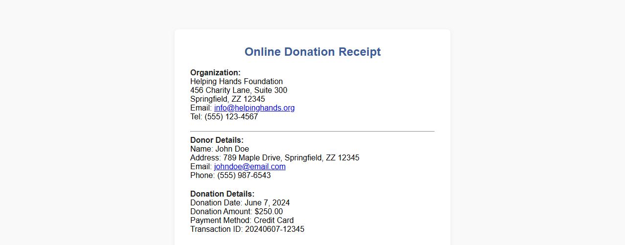 Online donation receipt sample with donor details image preview