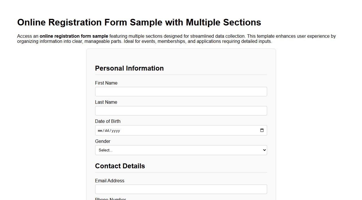 Online registration form sample with multiple sections image preview