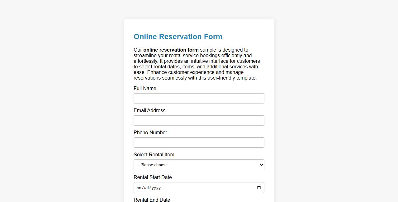 Online reservation form sample for rental service image preview