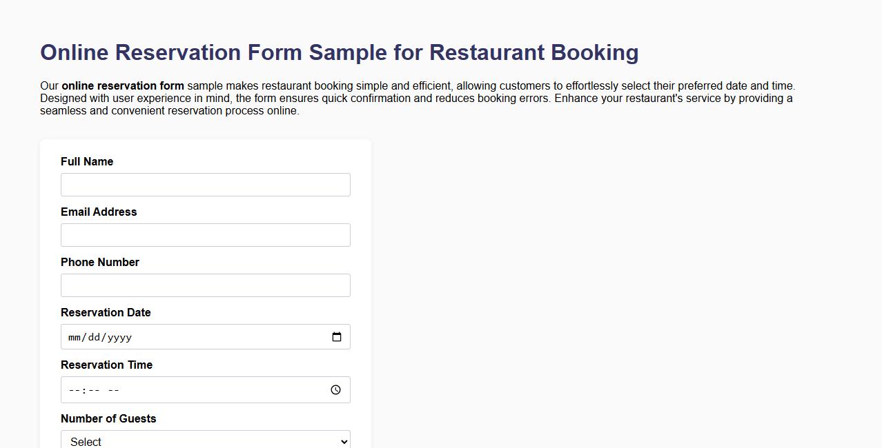 Online reservation form sample for restaurant booking image preview