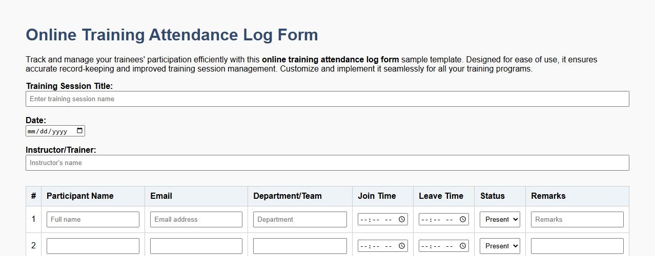 online training attendance log form sample template image preview