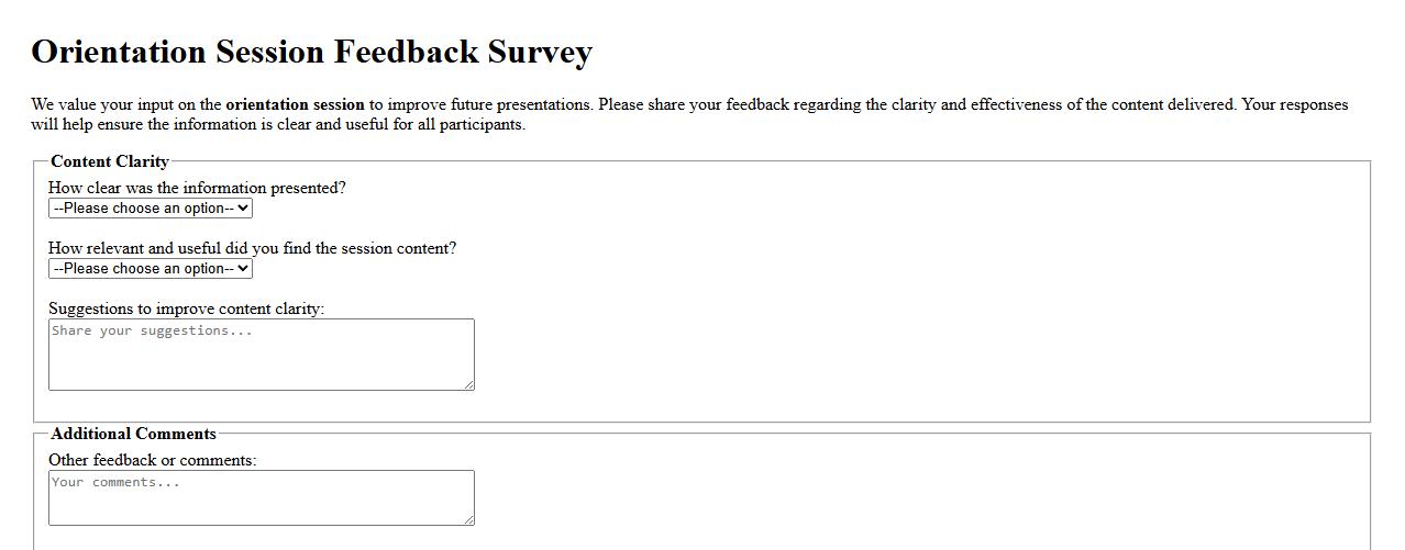 Orientation session feedback survey about content clarity image preview