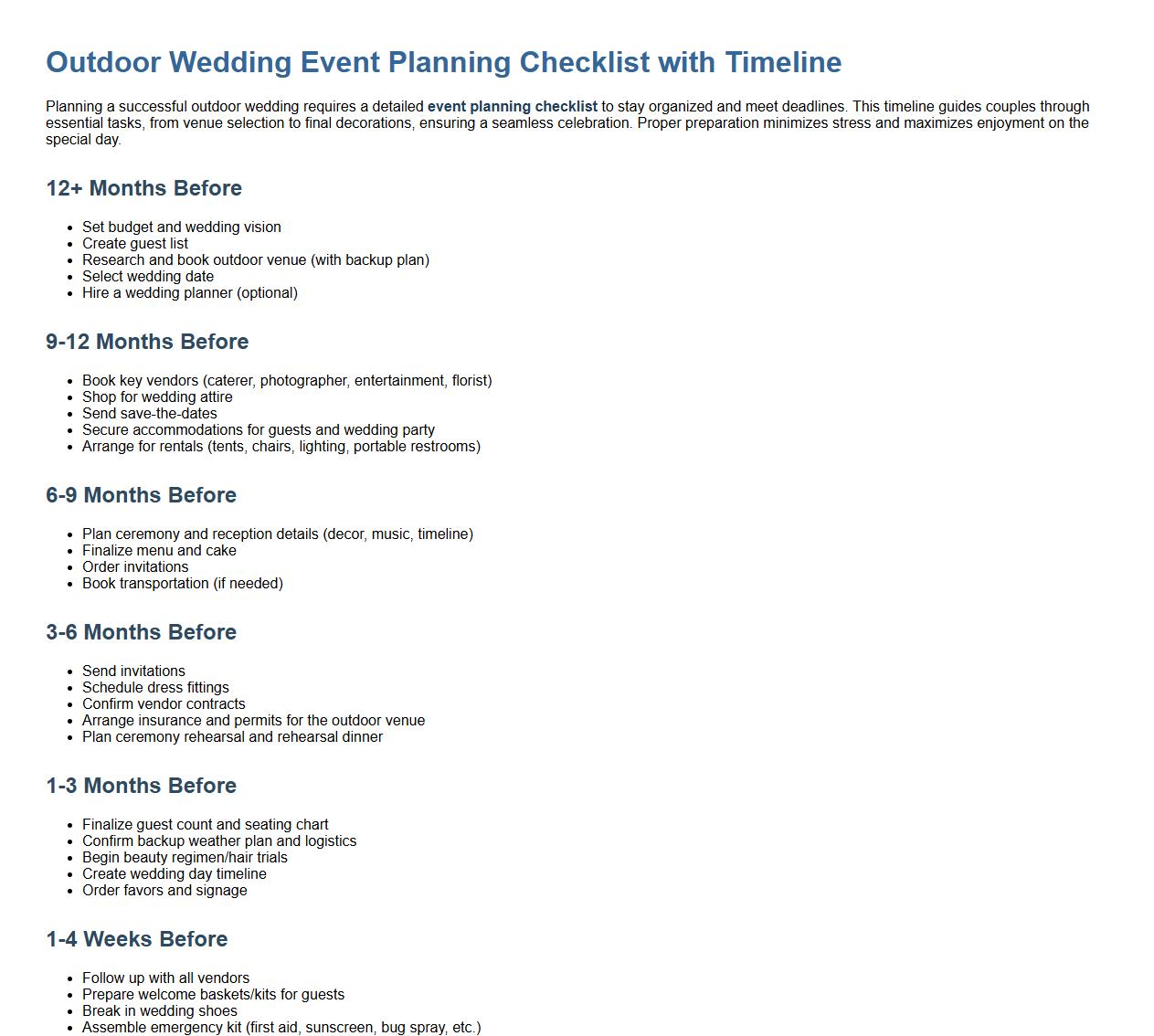 Outdoor wedding event planning checklist with timeline image preview