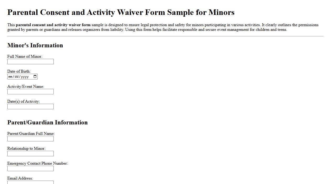 Parental consent and activity waiver form sample for minors image preview
