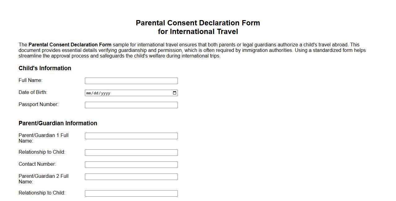 Parental Consent Declaration Form sample for international travel image preview
