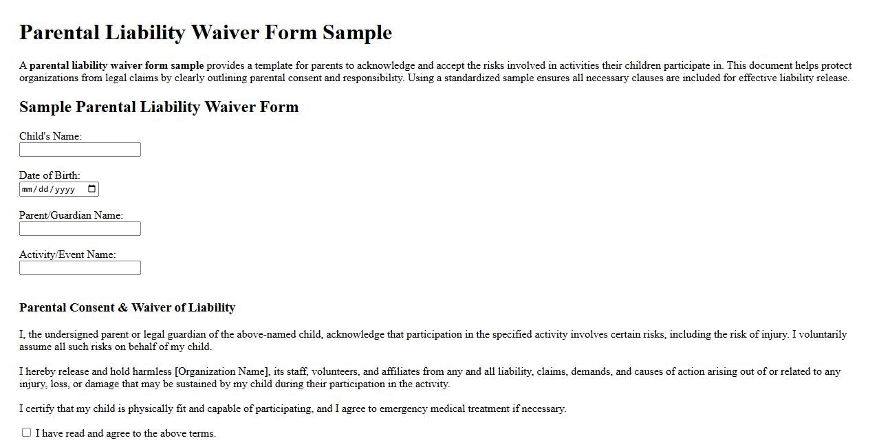 Parental liability waiver form sample image preview