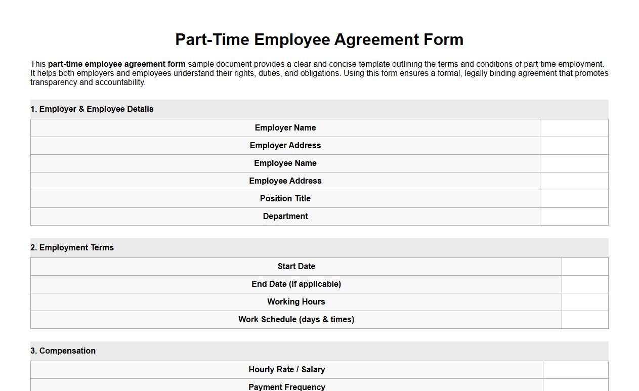 part-time employee agreement form sample doc image preview